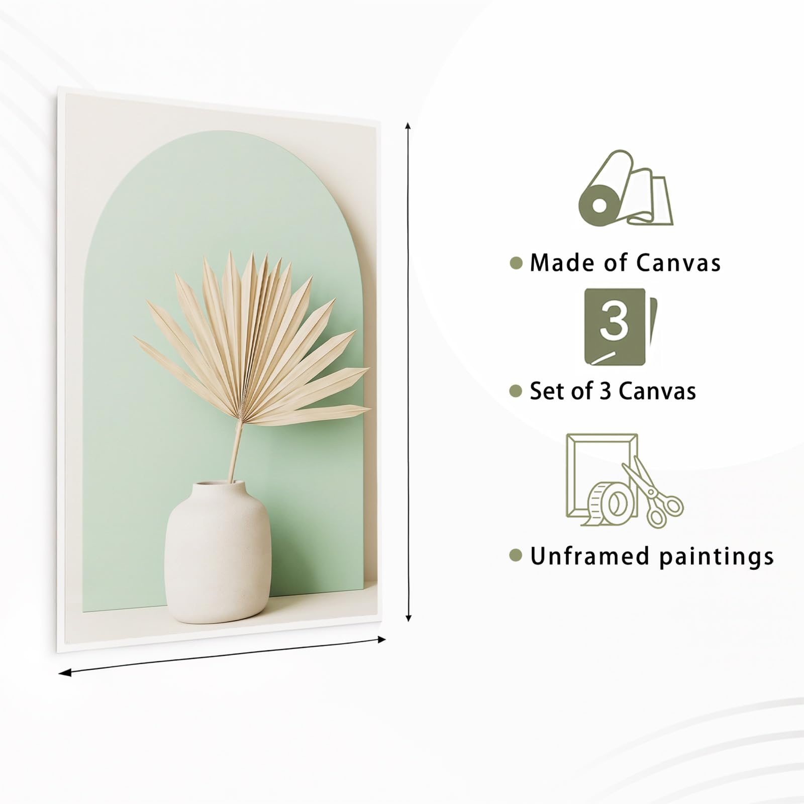 Generisch 3Pcs Modern Minimalistisch Wandbilder mit HD-Druck, Trockenblume Vase Bilder Auf Leinwand Poster Deko für Wohnzimmer Schlafzimmer Büro, Ungerahmt, 50 x 70 cm