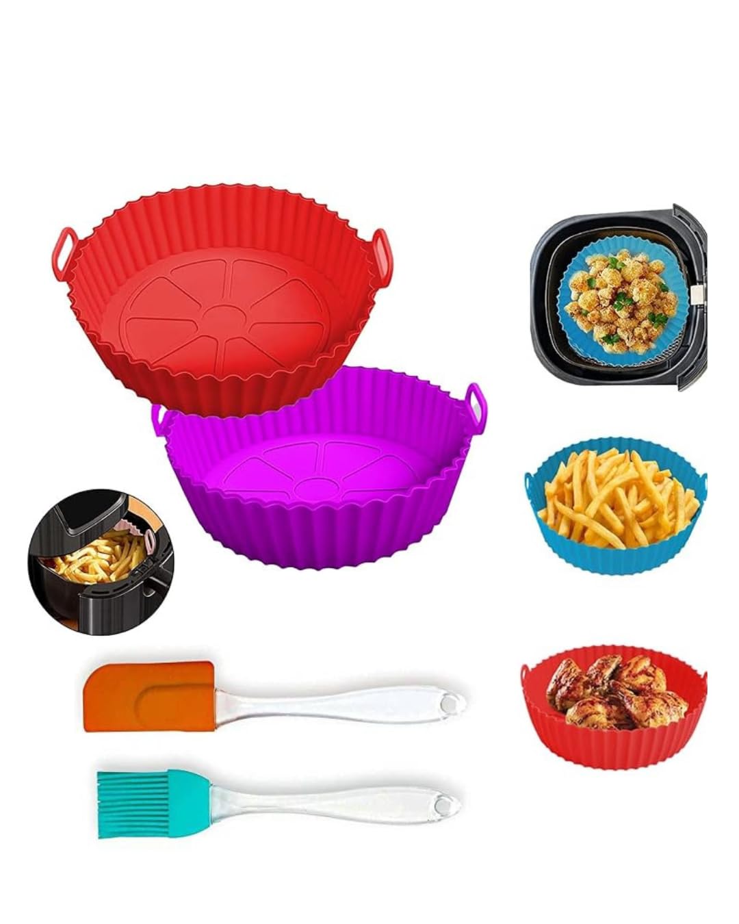 Air Fryer Liners Round Silicone Basket with Ear Handles | Multi-Color Nonstick, Reusable & Heat Resistant + Oil Brush & Spatula-image-37