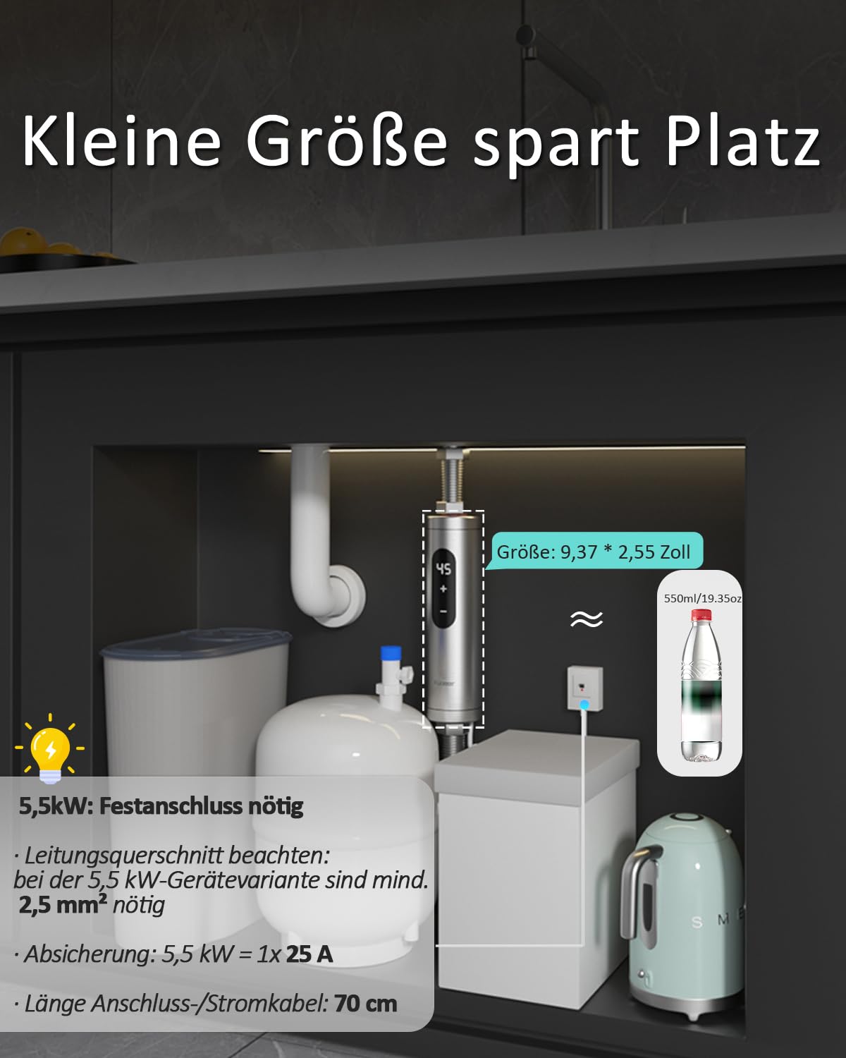 Mini Durchlauferhitzer für Waschbecken, Edelstahl Durchlauferhitzer Klein On-Demand Kleine Belüftete Unterspülen Wasserheizer, Kompakter Kleiner Durchlauferhitzer für Küche, Bad(Unter Waschbecken)