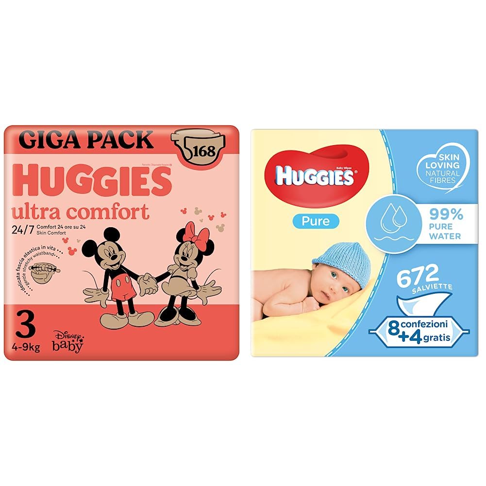 HuggiesHuggies Ultra Comfort Gigapack, Taglia 3 (4-9 Kg), Confezione da 168 pannolini & Pure Salviette Umidificate per Bambini, 672 SalvietteHuggies