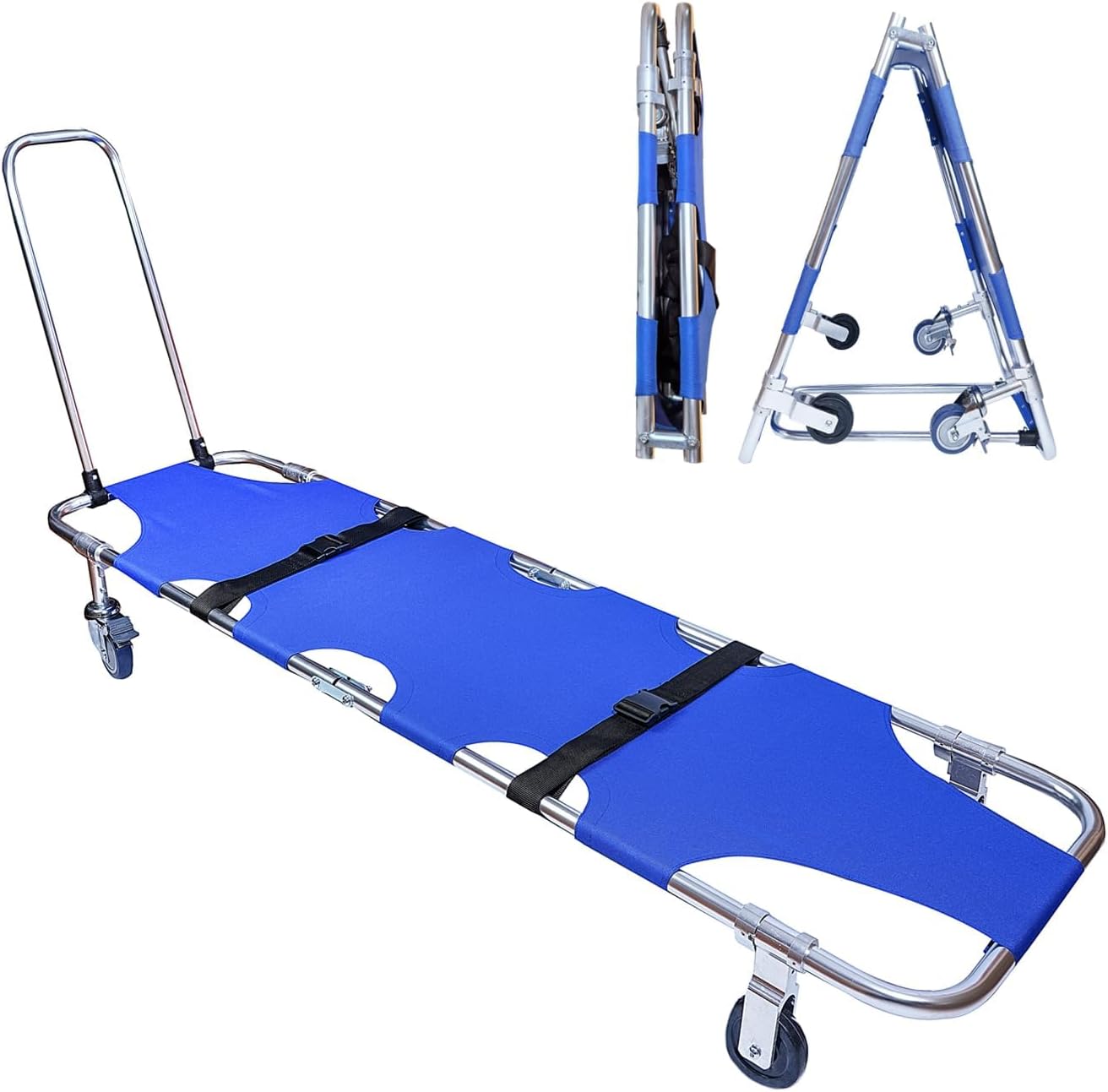 Folding Rescue Stretcher, Medical Stretcher Aluminum Lightweight with Trolley 4 Wheels, Pushable Rescue Stretcher for Patient Transport, for Hospitals, Ambulance, Fire