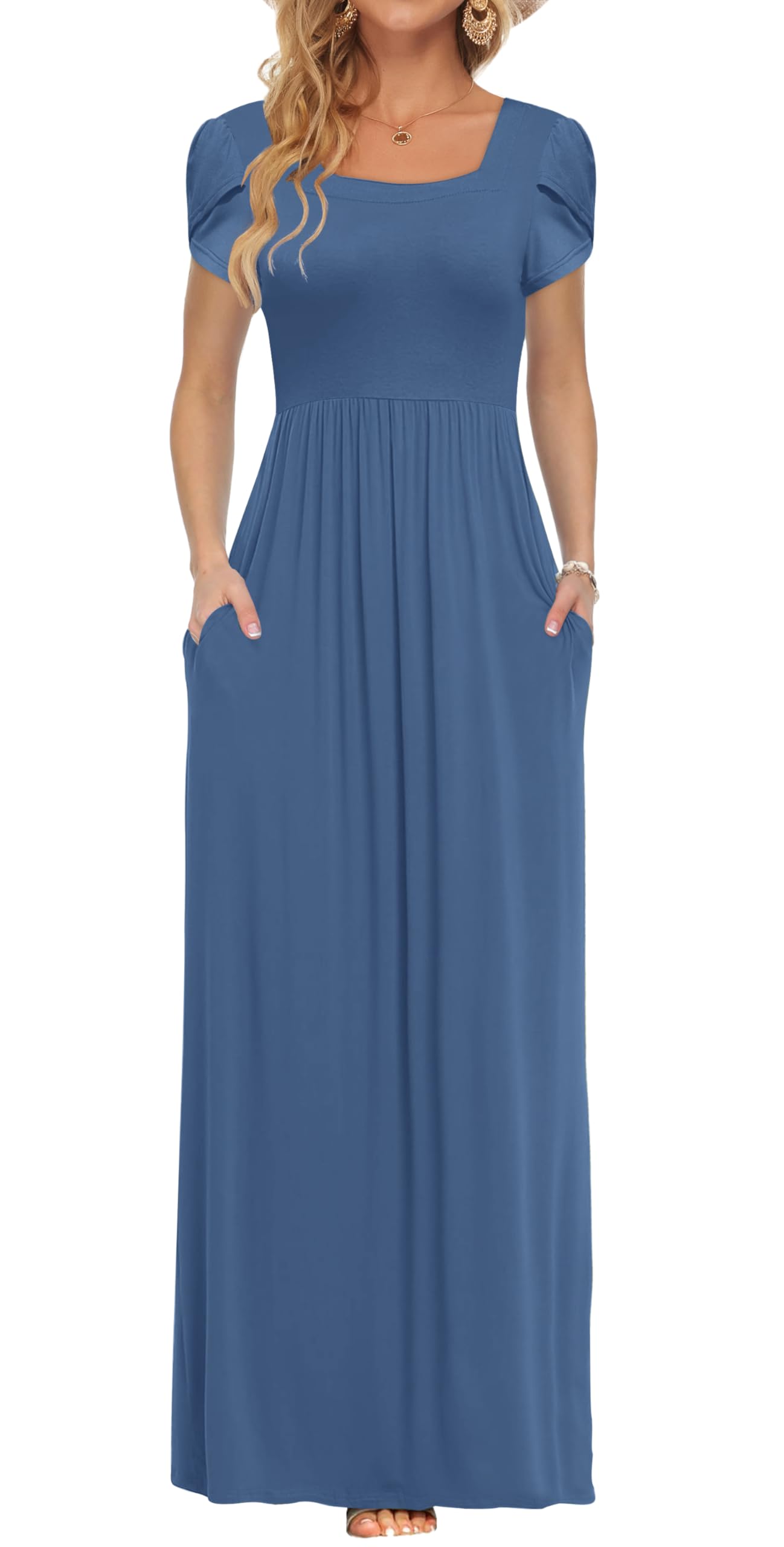 AUSELILY Women's Maxi Dresses with Pockets Petal Short Sleeve Square