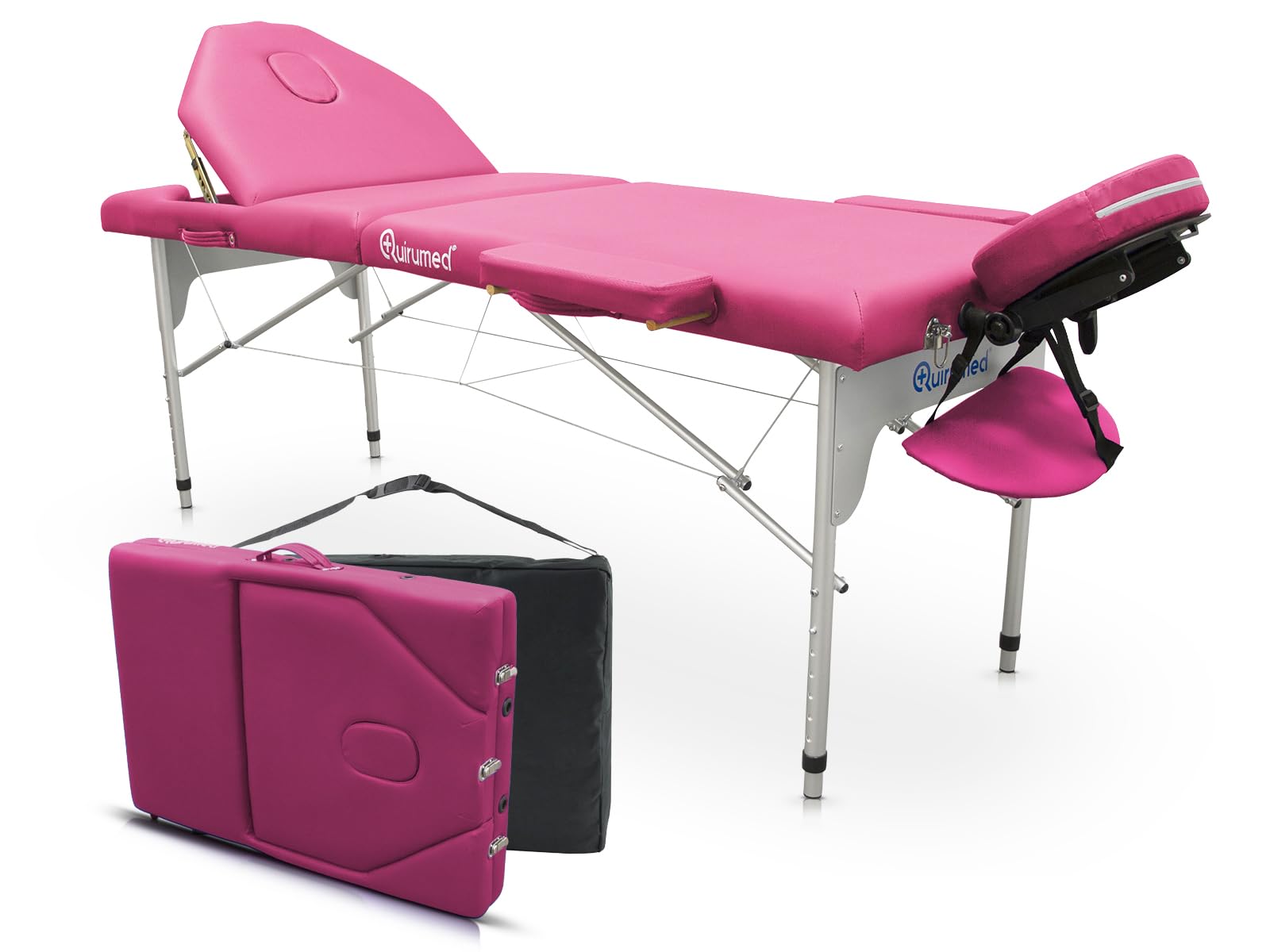 QUIRUMED Camilla de Masaje Plegable de Aluminio Pro, 186 x 66 cm, con Respaldo abatible, Color Rosa, Polipiel, Orificio Facial, Cabezal extraíble, Regulable en Altura, 2 cuerpos, hasta 150 kg