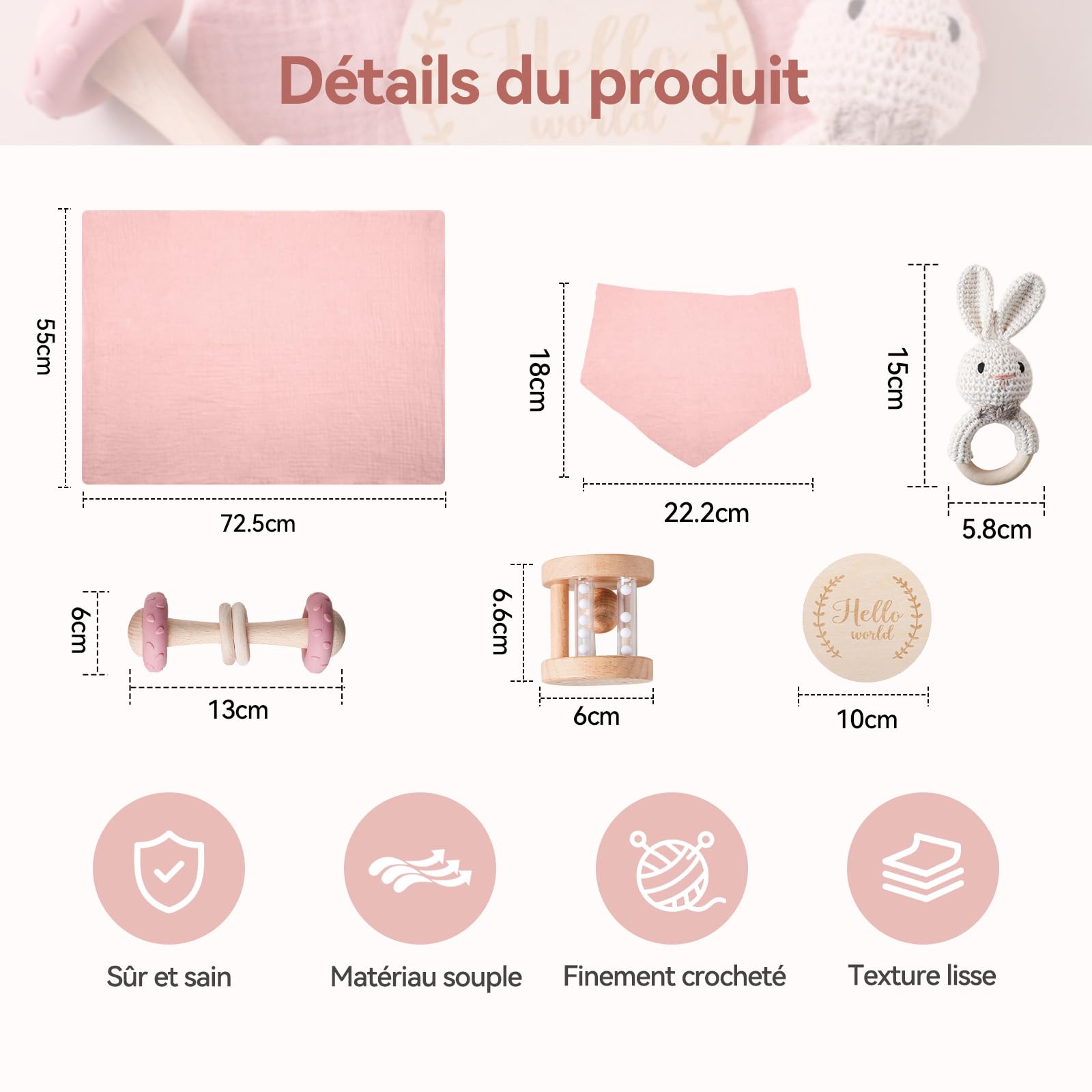 Cadeau pour nouveau-né, 6 pièces, pour bébé fille garçon – Serviettes de bain, bavoirs, jouets en bois, hochet lapin au crochet et cartes de jalons, emballage cadeau (rose)