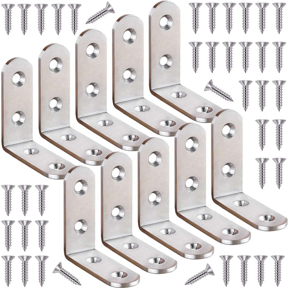 10 Pcs L Bracket Corner Braces 2 Inch Heavy Duty Stainless Steel Corner Brackets for Wood Shelves, 90 Degree Right Angle Joint Support Brackets with