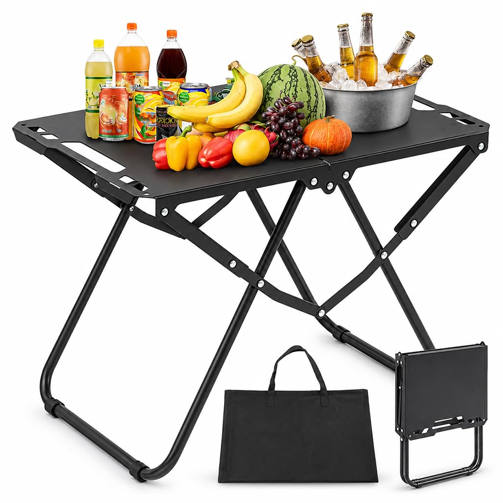 Venzina® Portable Folding Camping Table, Carbon Steel Lightweight Outdoor Picnic Table with Carry Bag, Compact Foldable Travel Table for Camping, Beach, BBQ & Hiking Use, 58×36×40cm