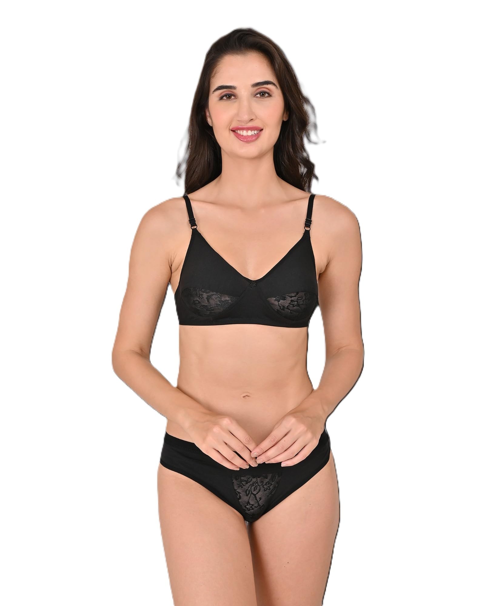 SLINGKINI Women's Black Lace Bra and Panty Set, Wireless, V-Neck, Matching Lingerie Set-image-14