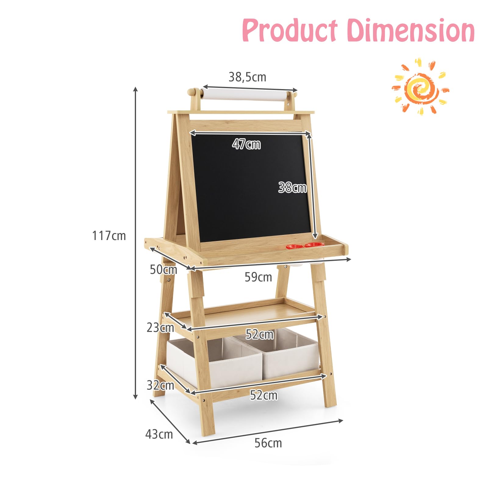 LIFEZEAL Pizarra infantil 3 en 1 con 2 caras (Natural) | Caballete infantil con pizarra blanca, rollo de papel, mesa magnética y 2 niveles de almacenamiento