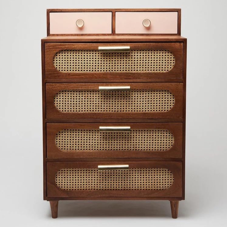 Image of Space Galaxy Solid Sheesham Wood Chest of Drawer with Cane Rattan Fronts | 6 Drawer Tall Storage Cabinet & Closet Organizer | Bedroom, Living Room & Home Furniture | Natural Finish