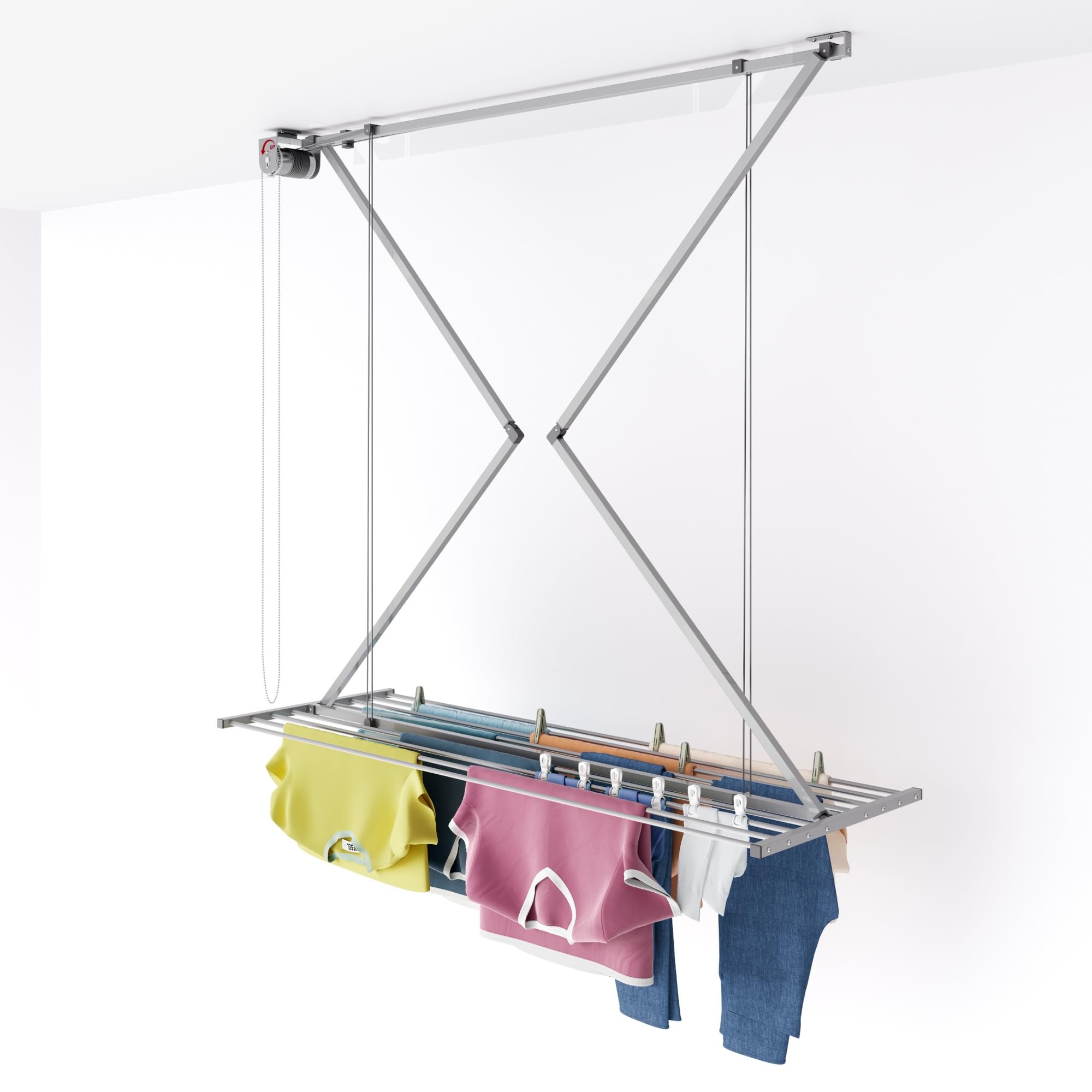 foxydry Mini, tendedero de Techo, Plegable, Sube y Baja, 152 cm | de aluminio y acero inoxidable, ahorra espacio, uso interior y exterior, antióxido, elevación vertical, soporta 10 kg, gris