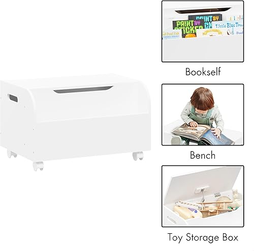 Miniatura 4 de GDFStudio Caja de juguetes grande con 4 ruedas universales, organizador de juguetes para niños con estantería delantera, tapa abatible, bisagra de