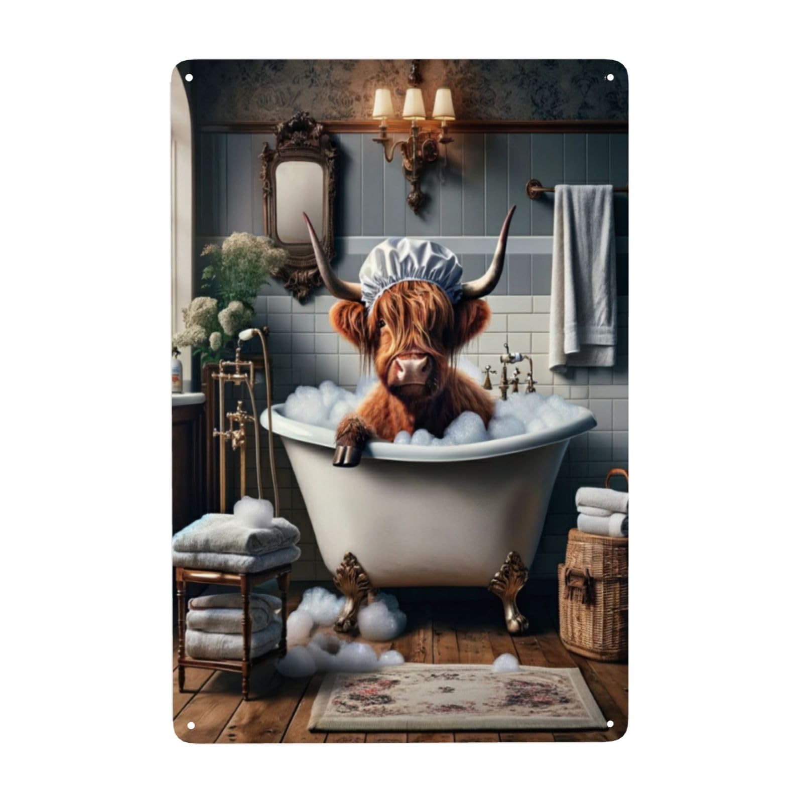 Rustic Highland Cow in Bath Vintage Metal tin sign Wall Art decor,Antique Tin Sign for Bathroom Decor,Charming Home Decor Plaque,Farmhouse Wall