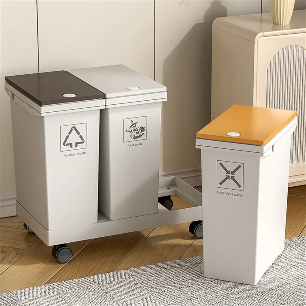 Papelera de cocina, papelera de reciclaje con ruedas, separación de residuos secos y húmedos, tipo empuje Papelera(36L)