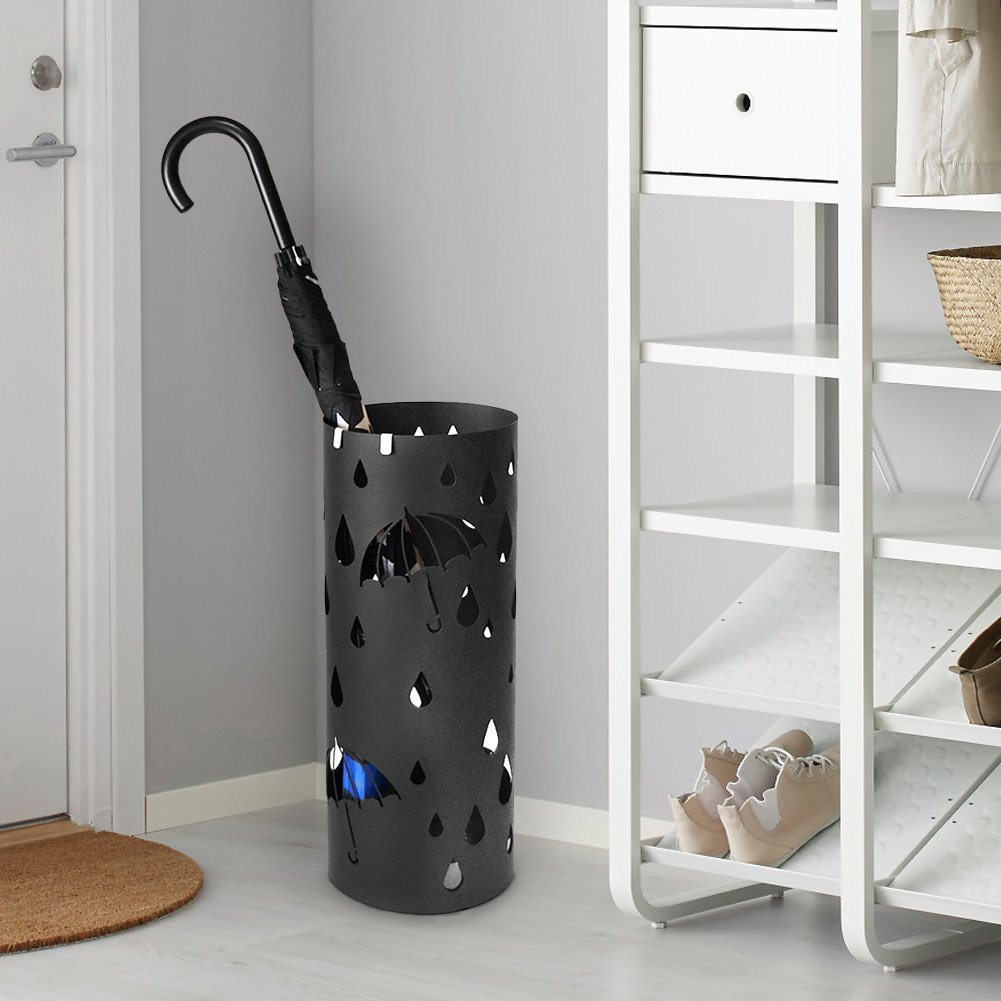 BAKAJI Portaombrelli Stand in Ferro di Design Porta Ombrelli Forma Rotonda Decorazione Intarsio Ombrelli e Gocce Vaschetta Salvagoccia e Ganci per Ombrelli Pieghevoli (Nero)
