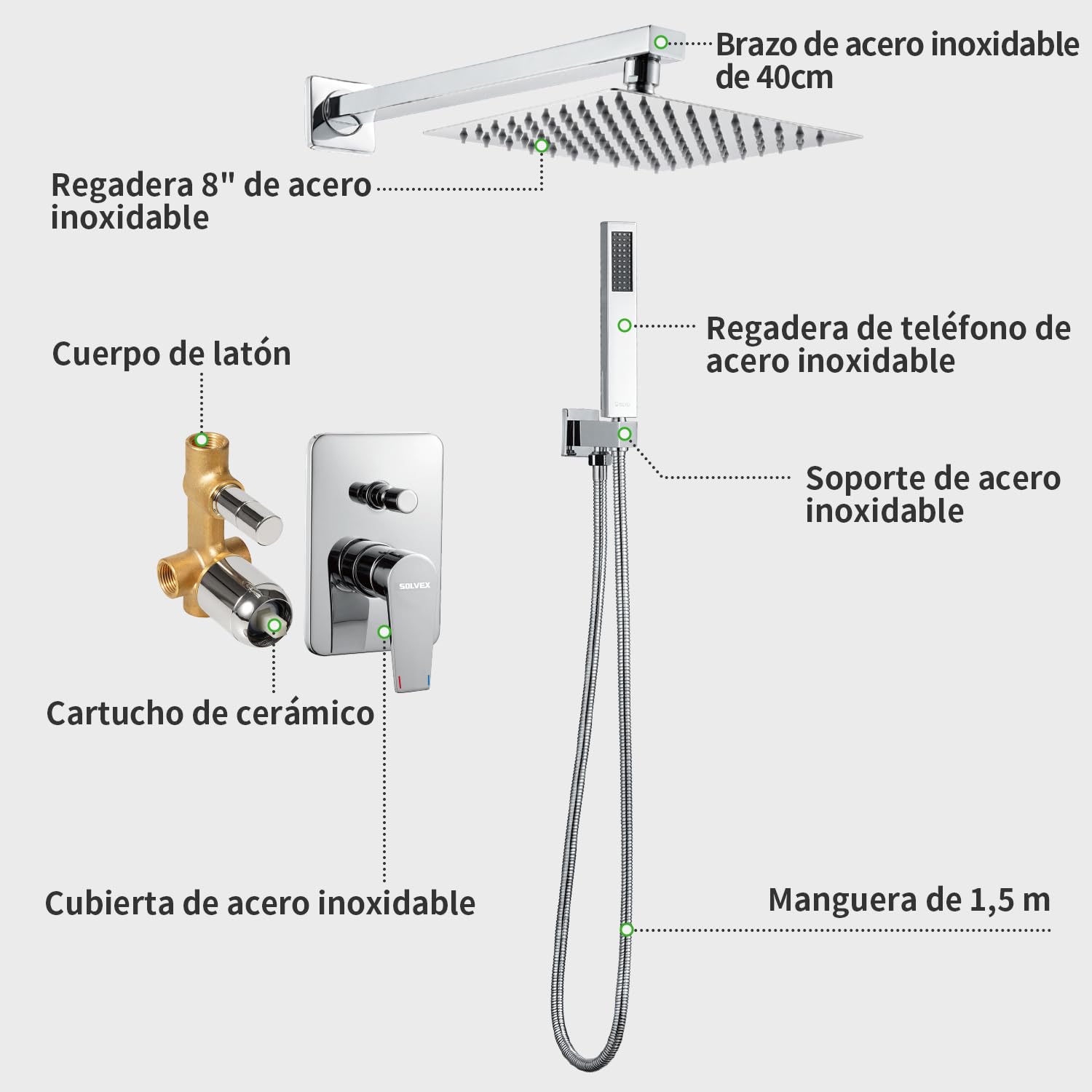 SOLVEX Set De Ducha Sistema de Ducha Empotrado,Set Ducha Conjunto de Ducha Completo con Mezclador Ducha de Lluvia y Ducha,Alcachofa de Ducha 20cmx20 cm,Cuerpo de Latón,SP-90110