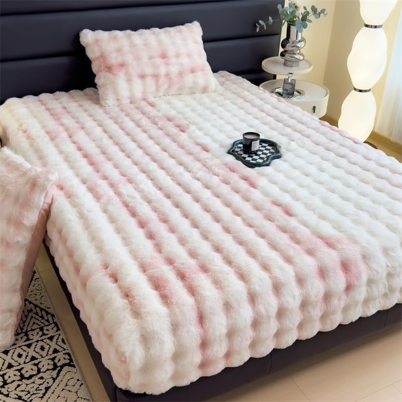 Milk Velvet Bedding Fitted Sheet Mattress Cover, Luxury Soft Fuzzy Bottom Sheet Velvet Fitted Faux Fur Bottom, Flannel Warm Tie Dyed Mattress Cover(Pink,King 70"x79")