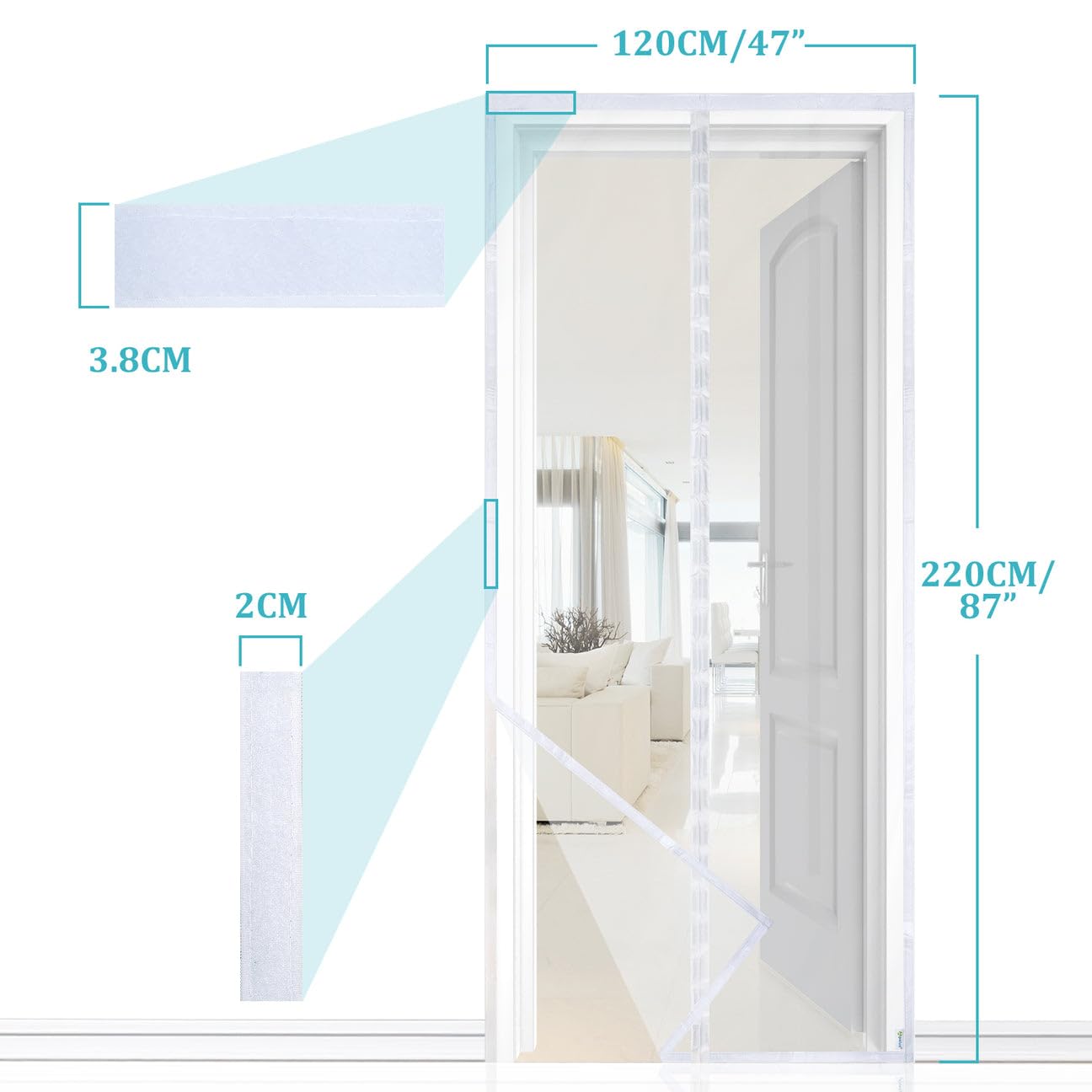 Apalus Prime Zanzariera con Magneti per Porte, 120x220 CM - Rete Fine, Tenda Totalmente Magnetica, si Chiude da Sola - Non Accorciabile (Prime Bianco)