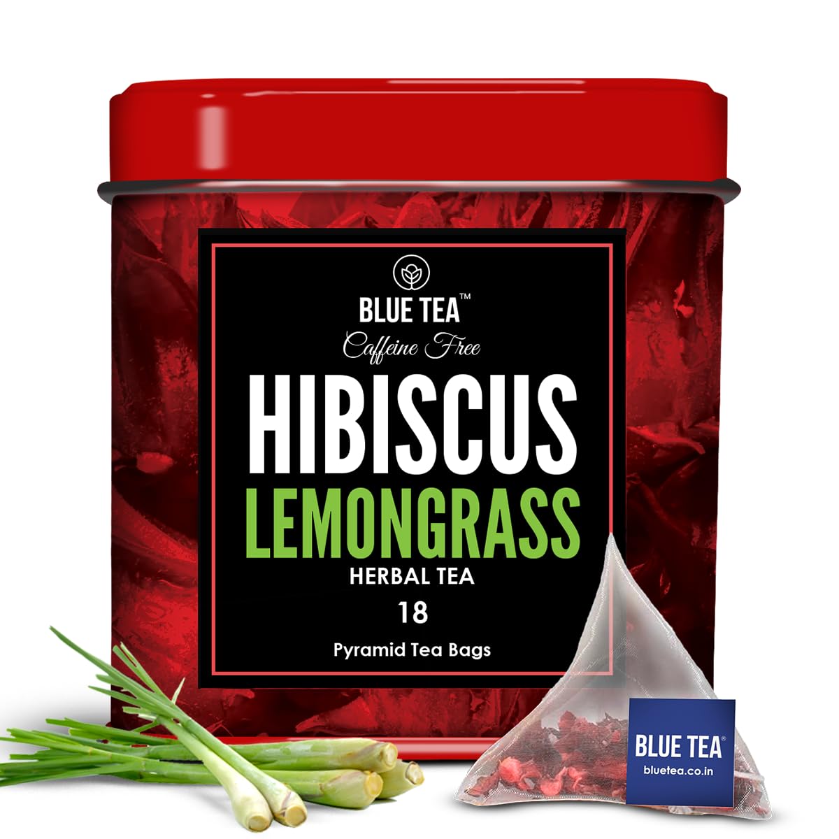 BLUE TEAHibiscus Lemongrass Herbal Tea - 18 Tea Bags || SKIN GLOW ENHANCING TEA || Caffeine-Free | Farm Packed | Non -GMO - Vegan - Gluten Free | Tin Pack