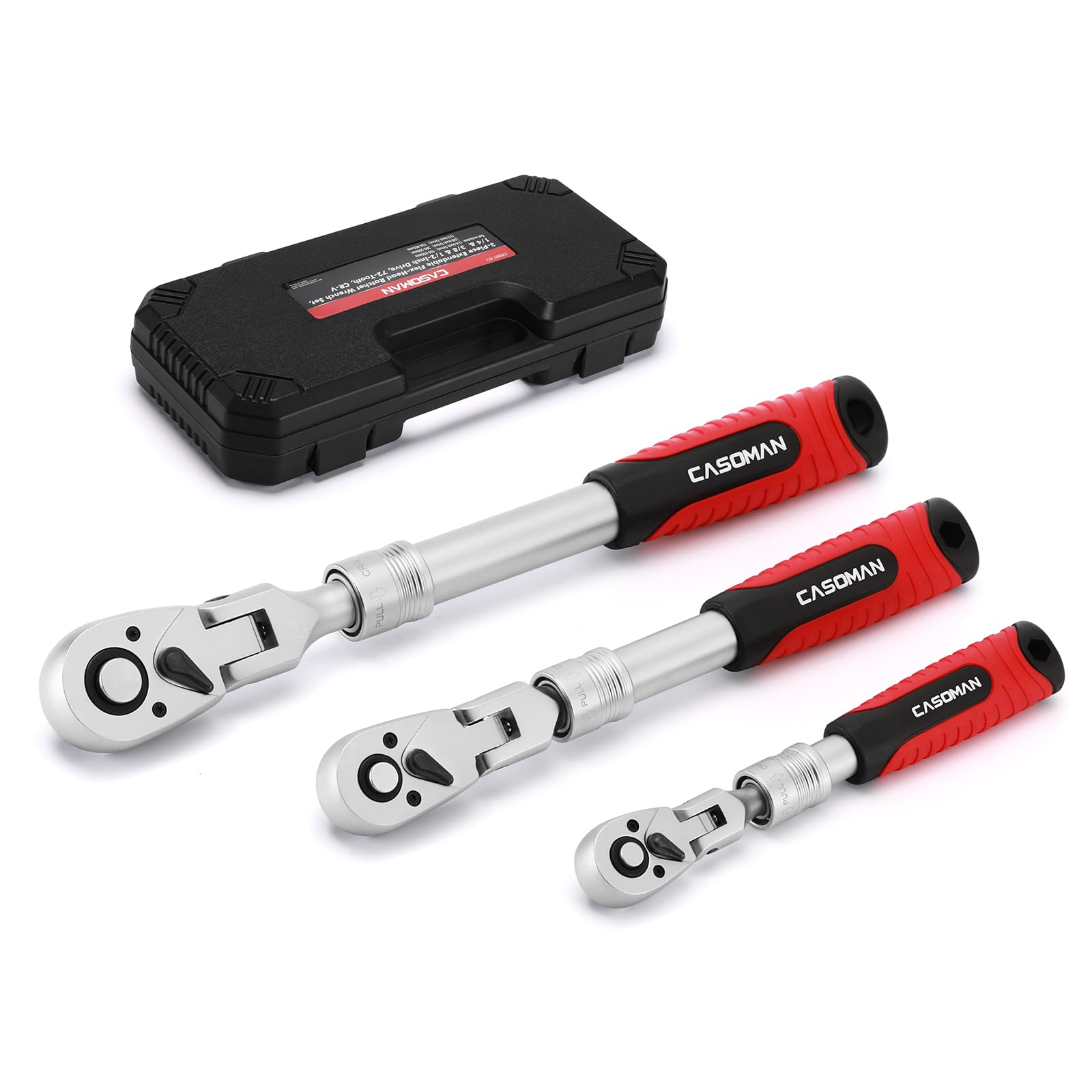 CASOMAN 3 PCS Flexible Extendable Ratchet Set, 1/2-Inch, 3/8-Inch & 1/4-Inch Drive Socket Ratchet Wrench, Ratchet Handle