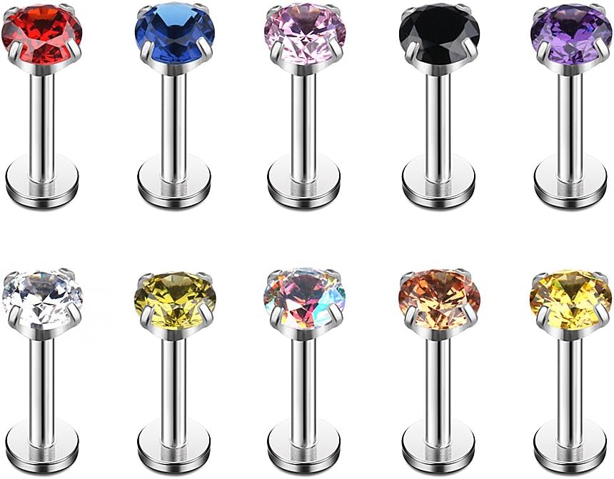 Ruifan Mix Color CZ Internally Threaded Labret Monroe Lip Ring Tragus Nail Helix Earring Stud Piercing Jewelry 16G 10PCS