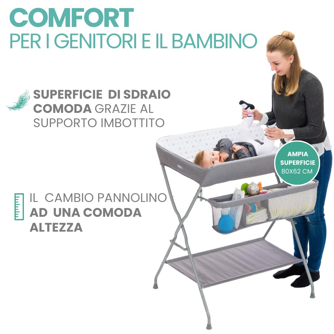 Fillikid Fasciatoio Portatile Pieghevole, con Organizer Fasciatoio Per Neonati Integrato - Fasciatoio da Viaggio Salvaspazio e Stabile - Grigio Bianco