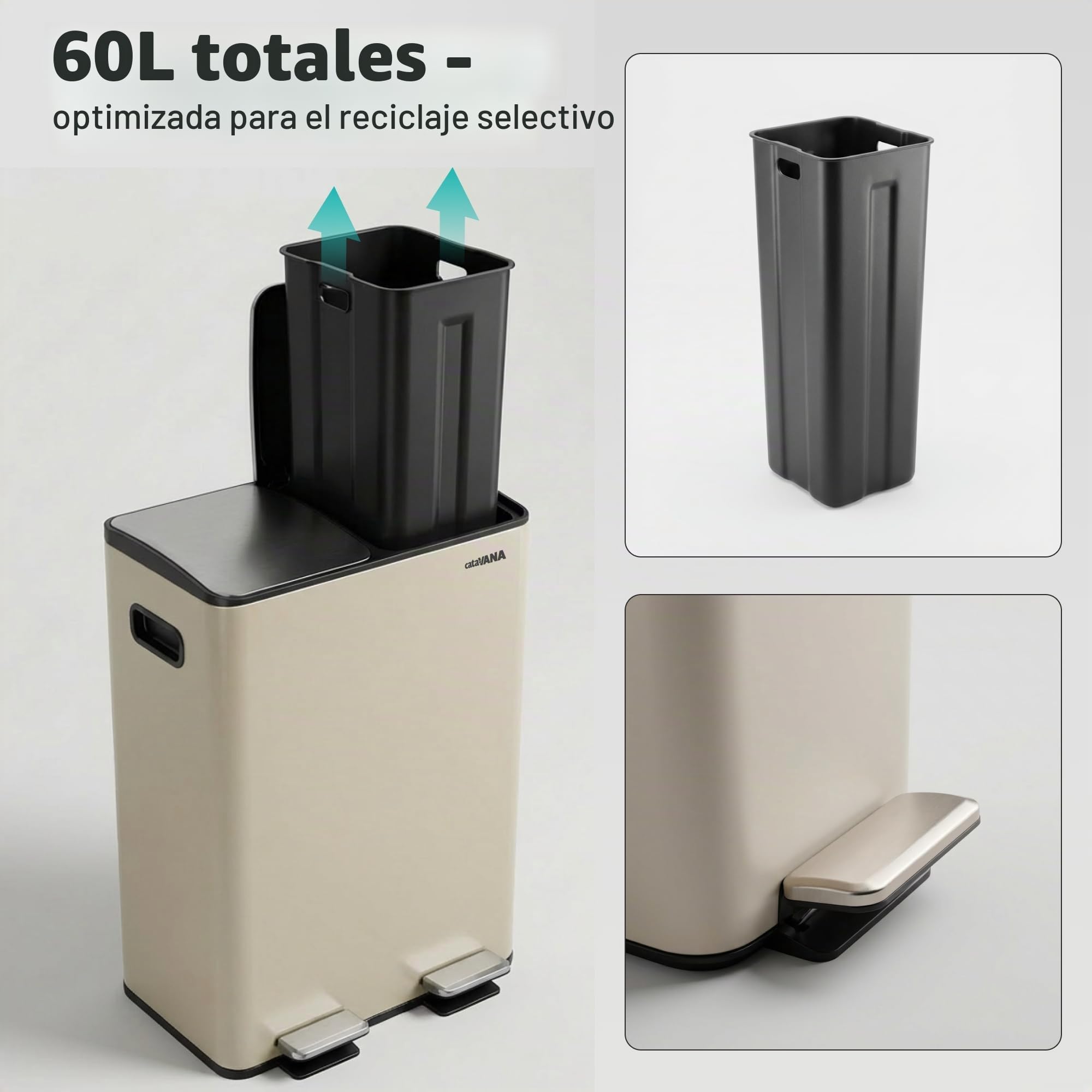 CATAVANA Papelera de cocina de clasificación selectiva 2 x 30 L - Doble compartimento 60 L - Papelera moderna para reciclaje - Diseño elegante - Beige
