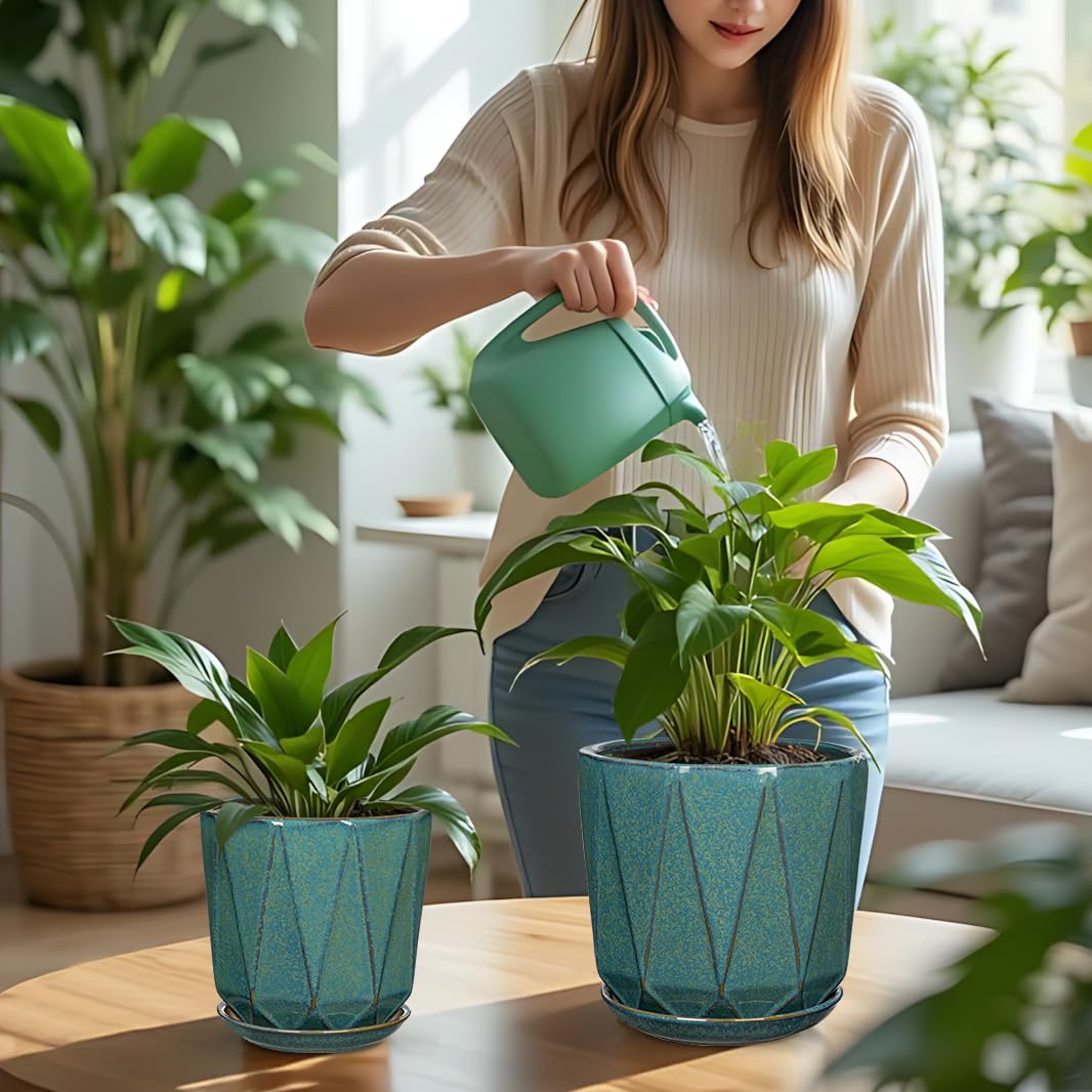 Oairse Pots de fleurs en céramique avec trous de drainage et soucoupes pour plantes d'intérieur et d'extérieur, 20 + 15 cm, vert