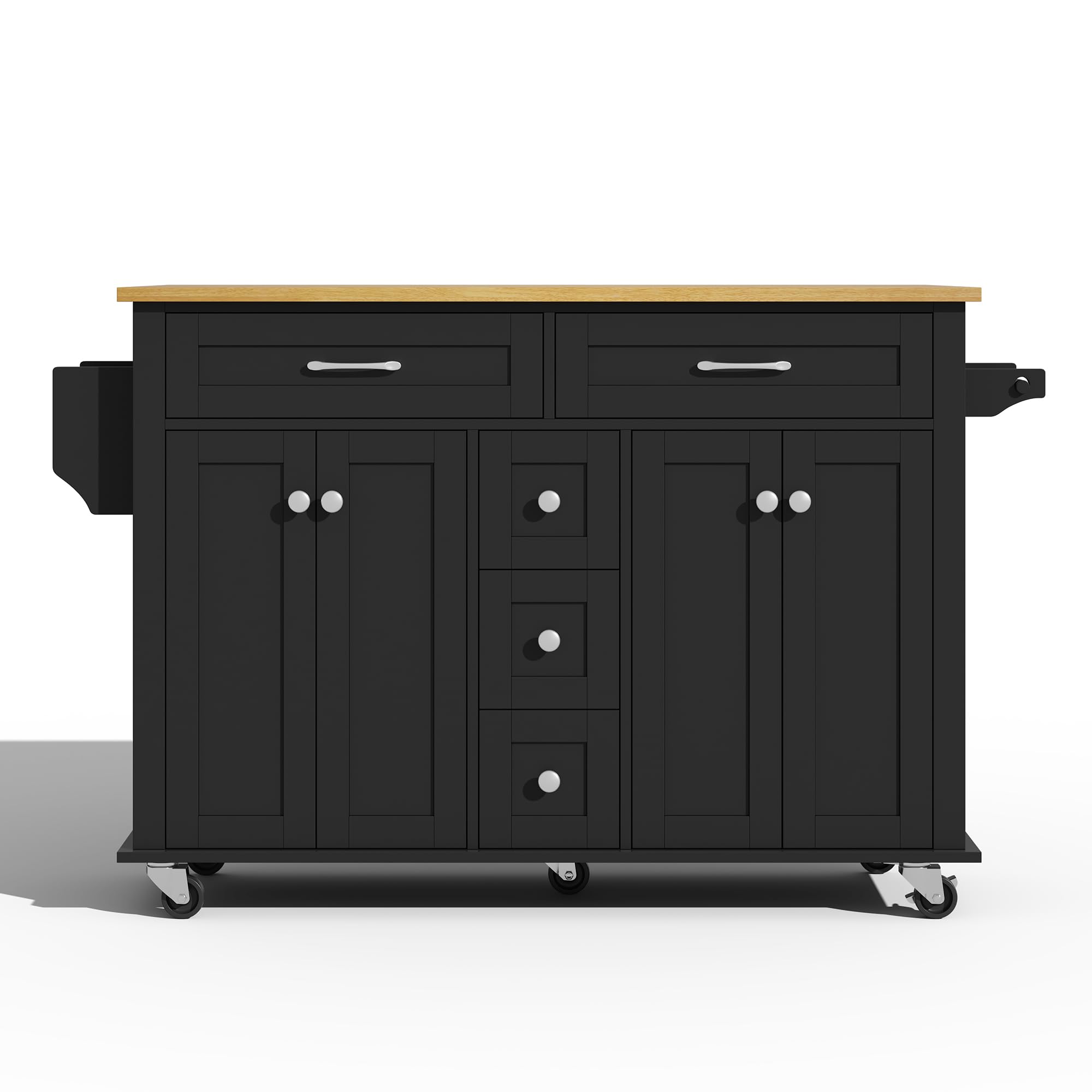 Carrello da cucina, isola da cucina con piano di lavoro pieghevole, 5 cassetti e 4 porte, portaspezie, portasciugamani con ruote, per cucina, sala da pranzo, soggiorno (nero)