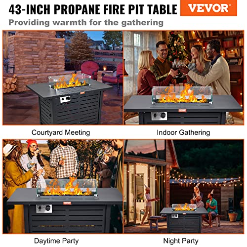 Vevor Gas Fire Pit Table, 43 In 50000 Btu, Propane Outdoor Wicker Patio Fire Pits With Carbon Steel Tabletop, Lava Rock, Glass Wind Guard, Cover, Add Warmth To Gathering On Garden Backyard, Csa Listed #TOP1