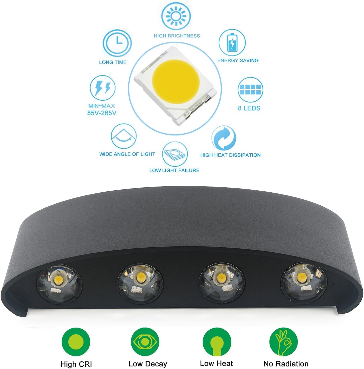 Lampe Murale LED 8W Moderne Appliques Murales IP65 Étanche Applique Luminaire En Aluminium Up Down Décoratif Spot Lumière Nuit Lampe pour Salon Chambre Hall Escalier Pathway （Blanc chaud）