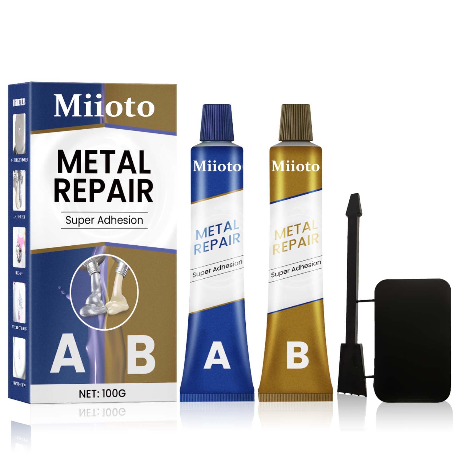 Miioto Pegamento para Metal, Soldadura en Frío, Alta Temperatura, con Accesorios, Resistente al Agua, Reparación Rápida de Todas las Superficies de Fundición - 100g (A)