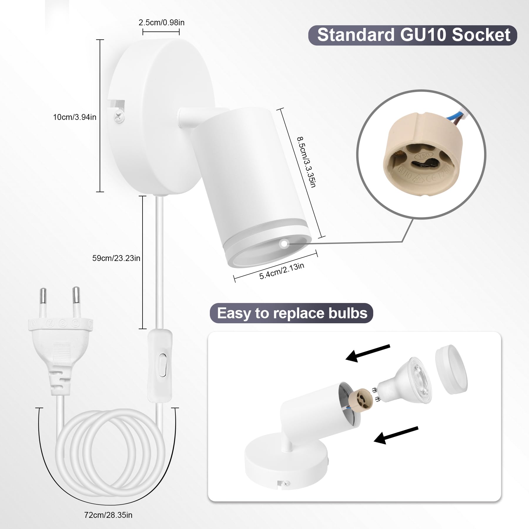 BOYIR 2 stuks wandlamp met schakelaar en stekker draaibaar 350° wandlamp met schakelaar en kabel zwart moderne wandstraler binnen, GU10 wandlampen slaapkamer, woonkamer, zonder gloeilamp