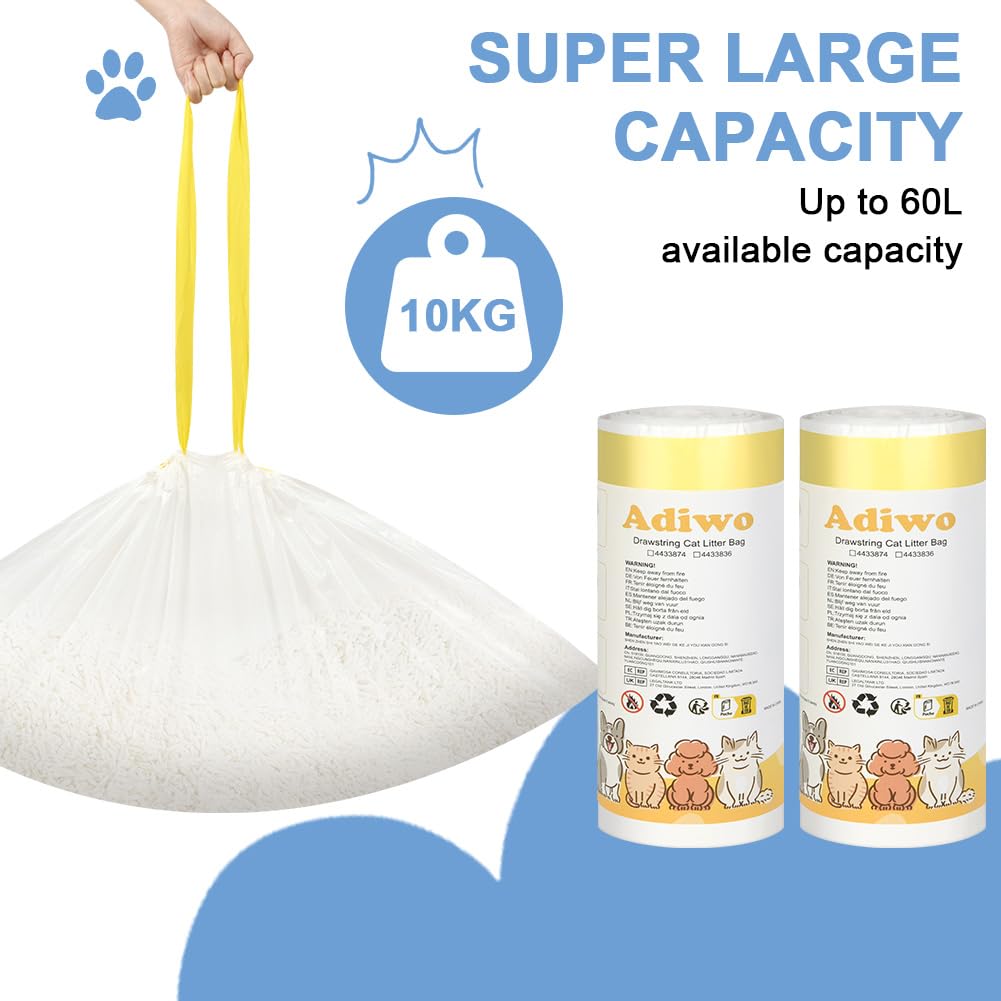 Adiwo Sacchetti Lettiera Gatto, 20 pezzi Sacchetti per Escrementi per Gatti con Coulisse Sacchi Resistenti ai Graffi 90x46cm con Maniglia per il Trasporto, Durevole, Resistente agli Strappi