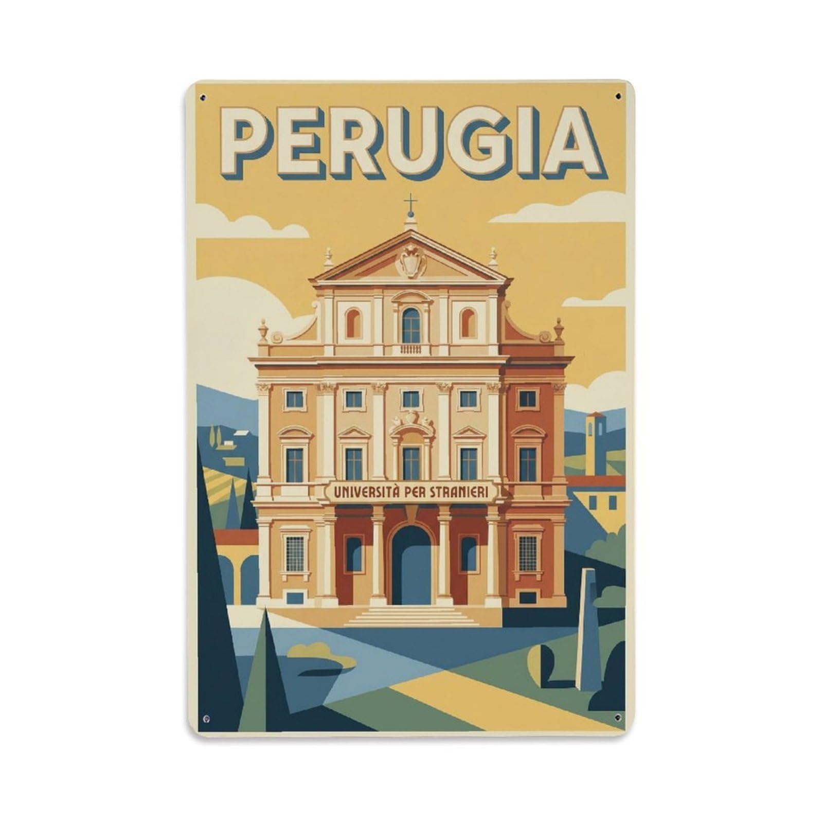 Vintage Travel Perugia Palazzo Gallenga Stuart Clean Italy Metal Tin Sign Plaque Wall Decor for Cafe, Club Bar, Office, Home Garden Metal Poster 8x12Inch