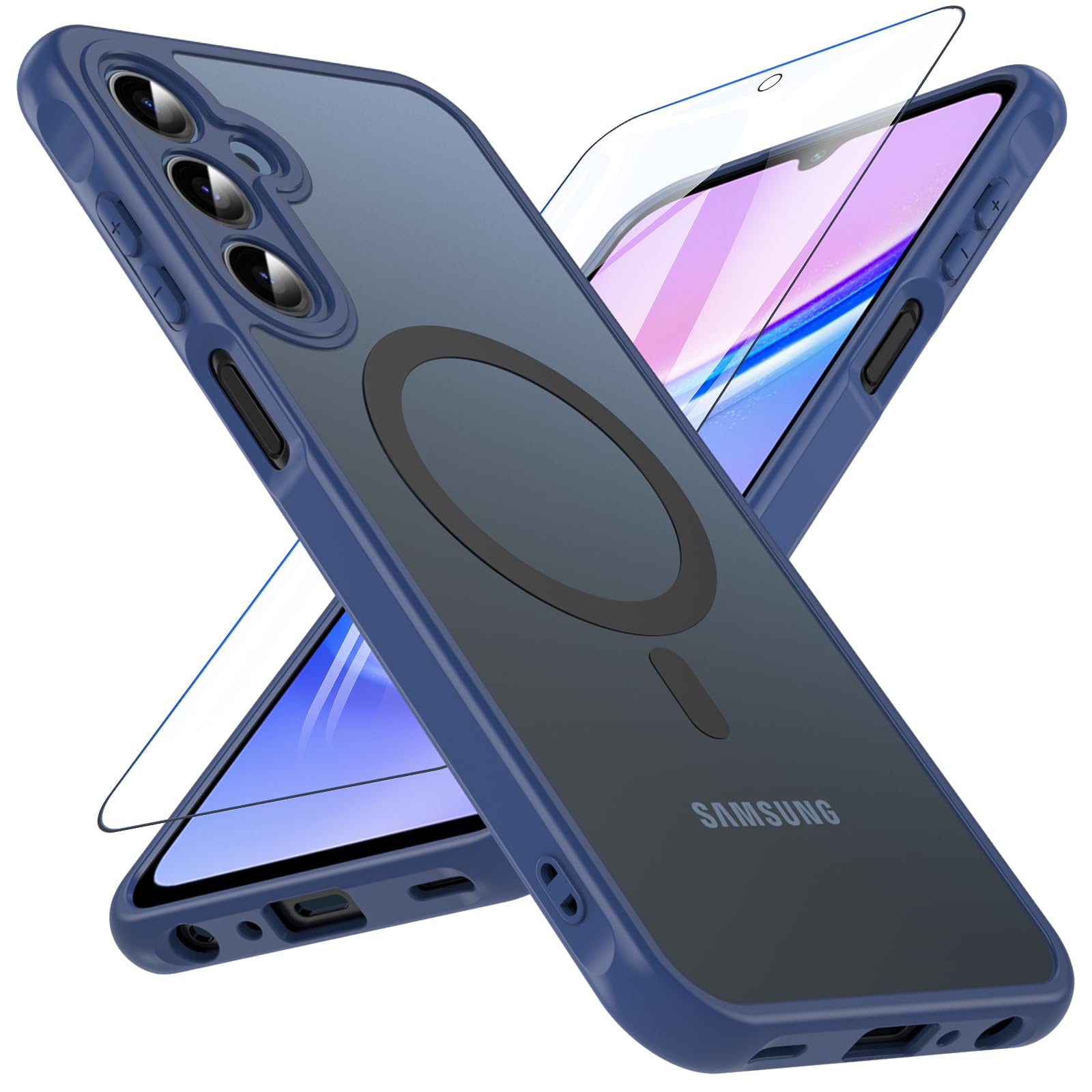 OWKEY Galaxy A15 5G Phone Case,Magnetic Samsung Galaxy A15 5G Case for Magsafe with Tempered Glass Screen Protector,[Shockproof Military] Translucent Back Slim Bumper Cover Samsung A15 5G Case, Blue