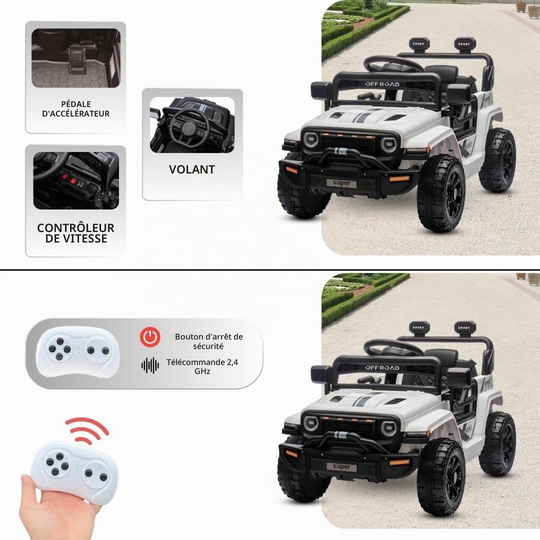 Voiture électrique Enfants Offroad New avec Traction arrière, Blanche, Batterie Lithium, châssis Haut, siège Large, Suspension arrière, télécommande 2,4 GHz, Lecteur MP3 avec USB/AUX, lumières LED