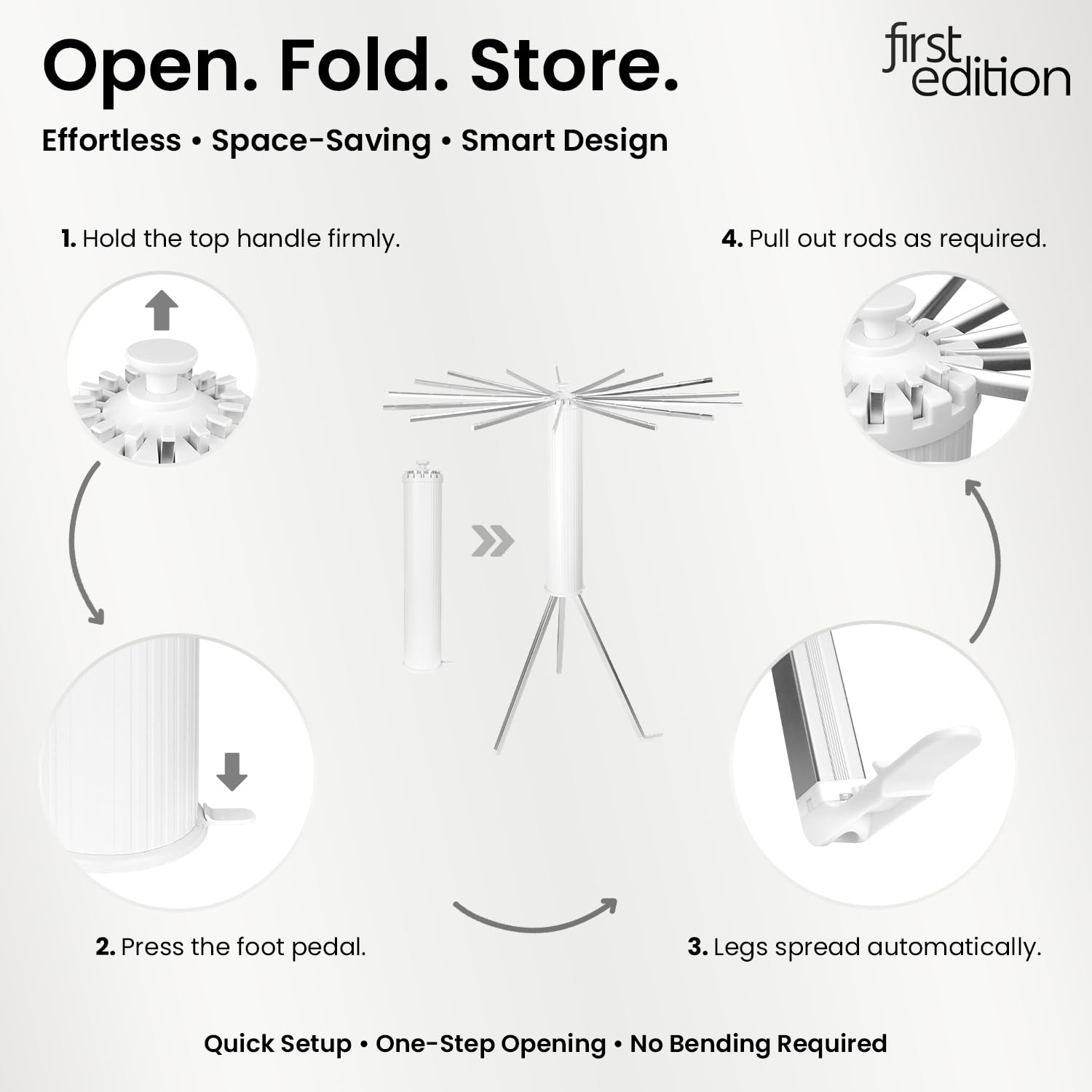 First Edition Faltbarer Octopus Wäscheständer mit 64 Aufhängeplätzen | Tragbar & Platzsparend | Rostfreier Wäschetrockner aus Aluminium & PVC für Balkon Indoor Outdoor | Stabiler Stativfuß | Weiß