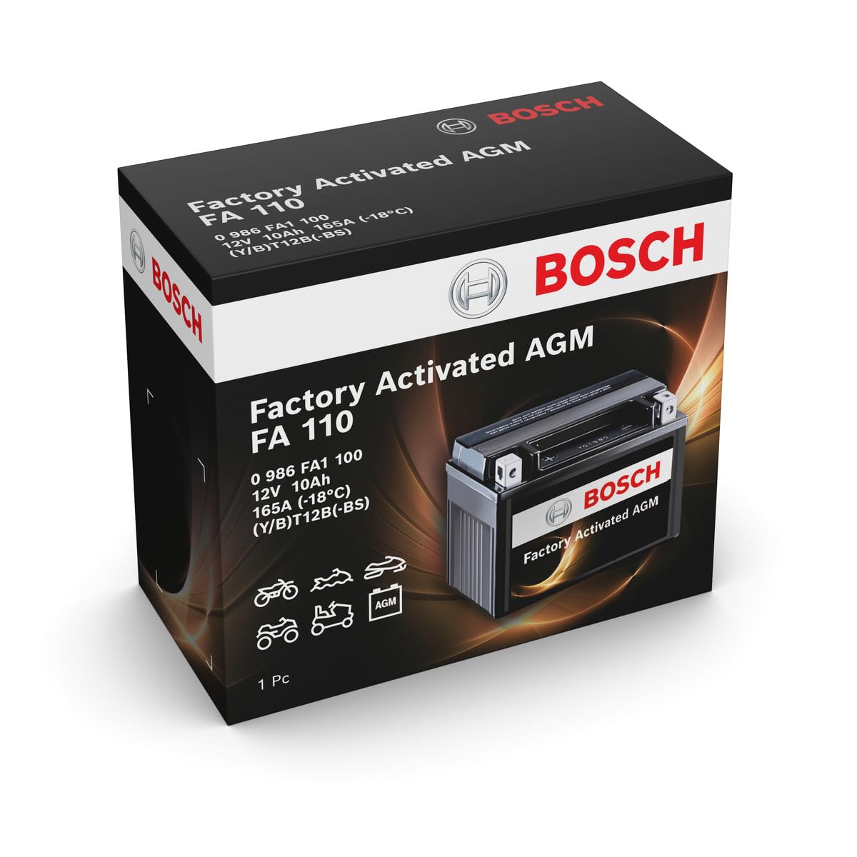 Bosch FA110 - Batería para Motocicletas AGM - 12V 165A 10Ah - Adecuada para motocicletas, motos de enduro, scooters, quads, motos de agua - Compatible M6019, BT12B-BS, BT12B