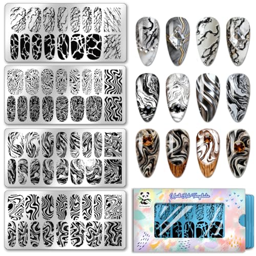 PH PandaHall 4pcs Plaque de Stamping pour Ongles en Marbre Pochoirs pour Nail Art Motif Vagues et Rayures Modèles D'Ongles Motif French Line Pierre Craquelée...