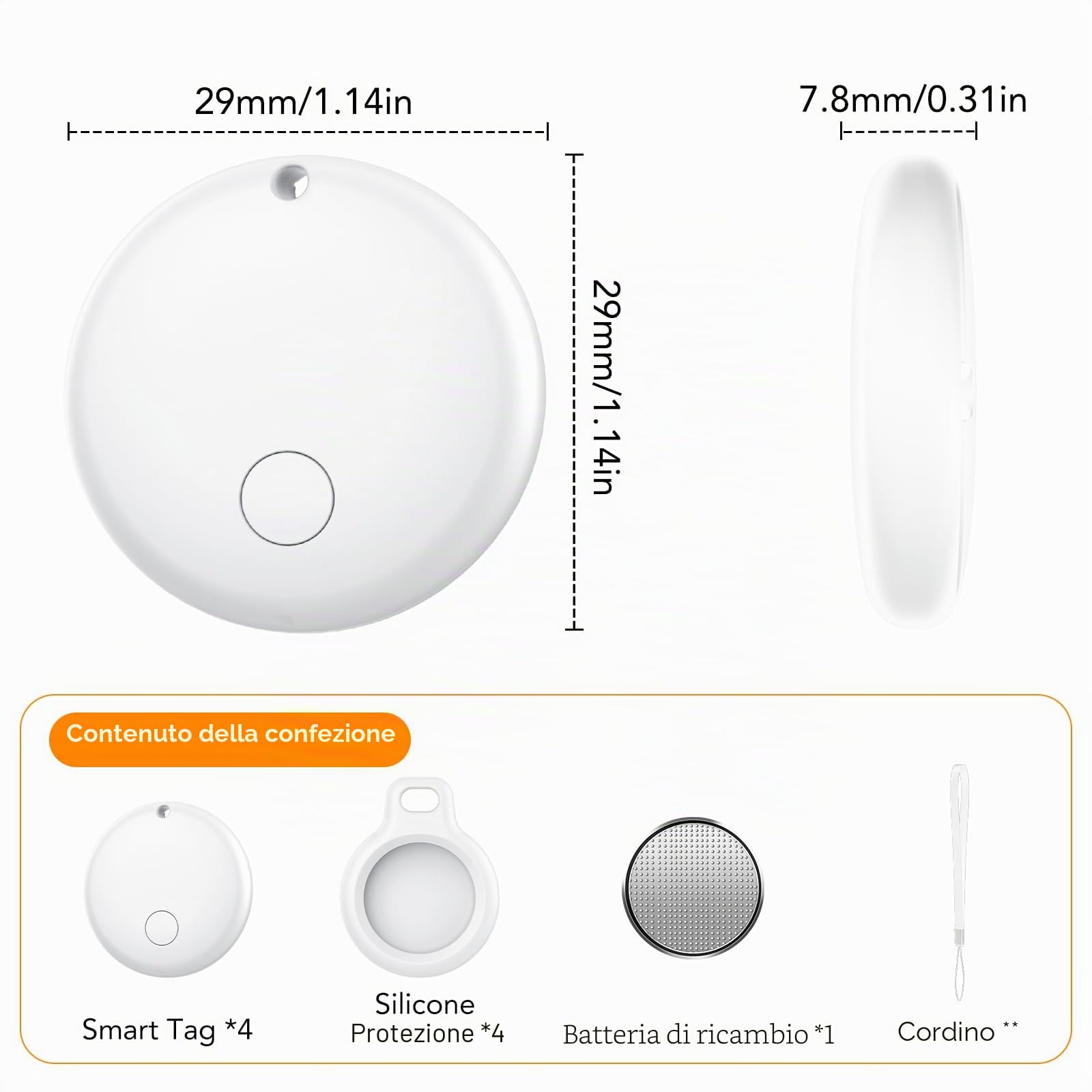 Android Smart Tag, Tracker con Google's Find Hub (Solo Android), IP68 Impermeabile, Bluetooth Localizzatore con Custodia Protettiva, Trova Oggetti per Chiavi/Bagagli/Portafogli, 4 Bianco