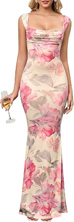 HTZMO Women Floral Wedding Guest Bodycon Maxi Dress Summer Cowl Neck Formal Party Elegant Long Dresses 2026