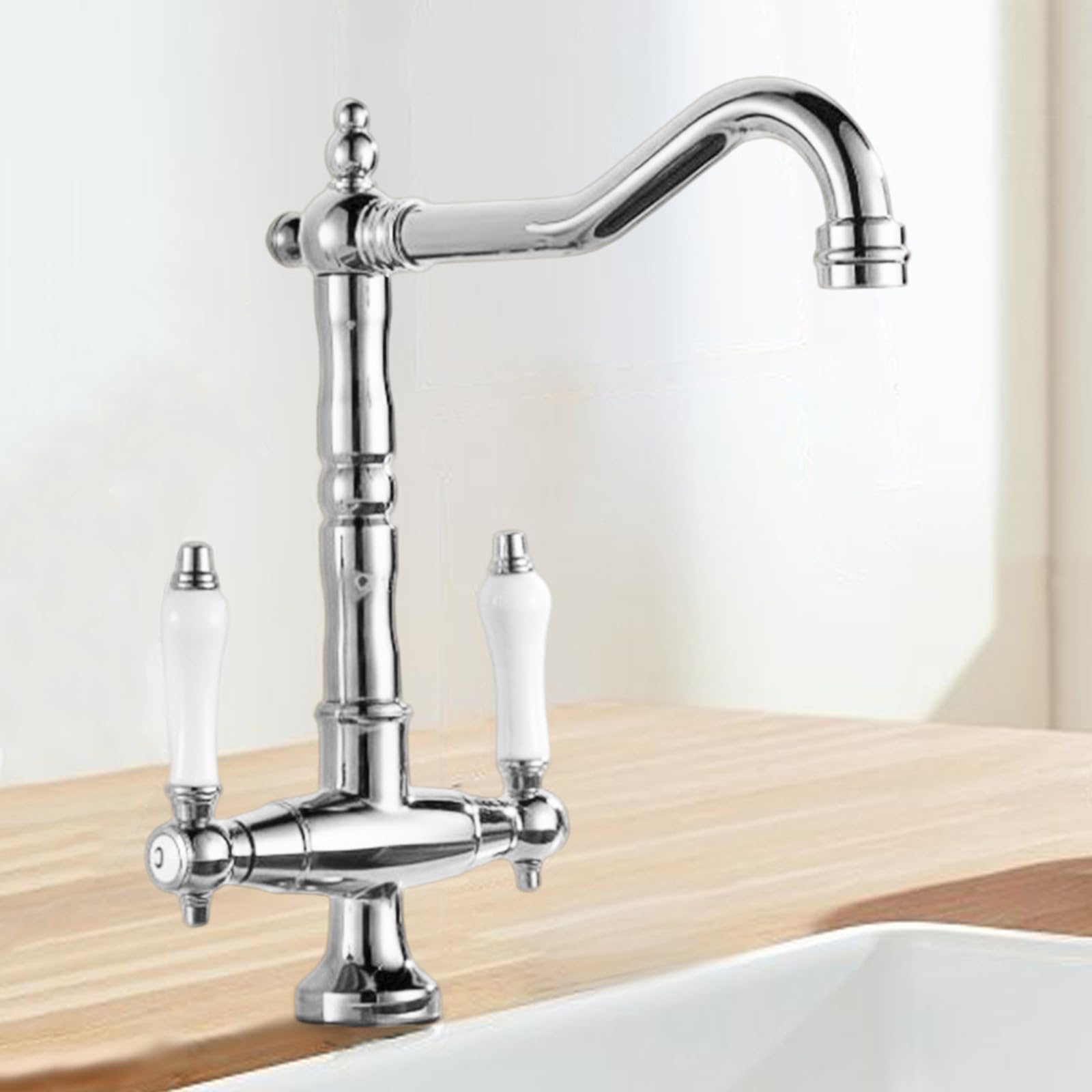 ZYCHSJXA Traditional Kitchen Sink Mixer Tap with Ceramic Dual Lever,Monobloc Brass High Arc Swivel Spout,Chrome Plated