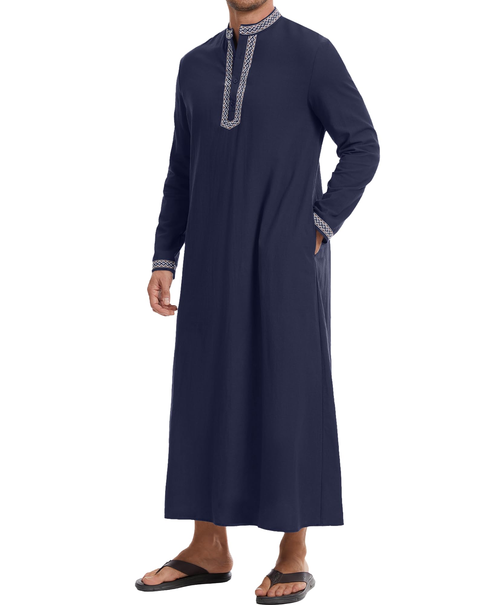 NANAMEEI Qamis Uomo Musulmano Djellaba Uomo Cotone Lino Caftano Ricamato Gandoura Abito Marocchino