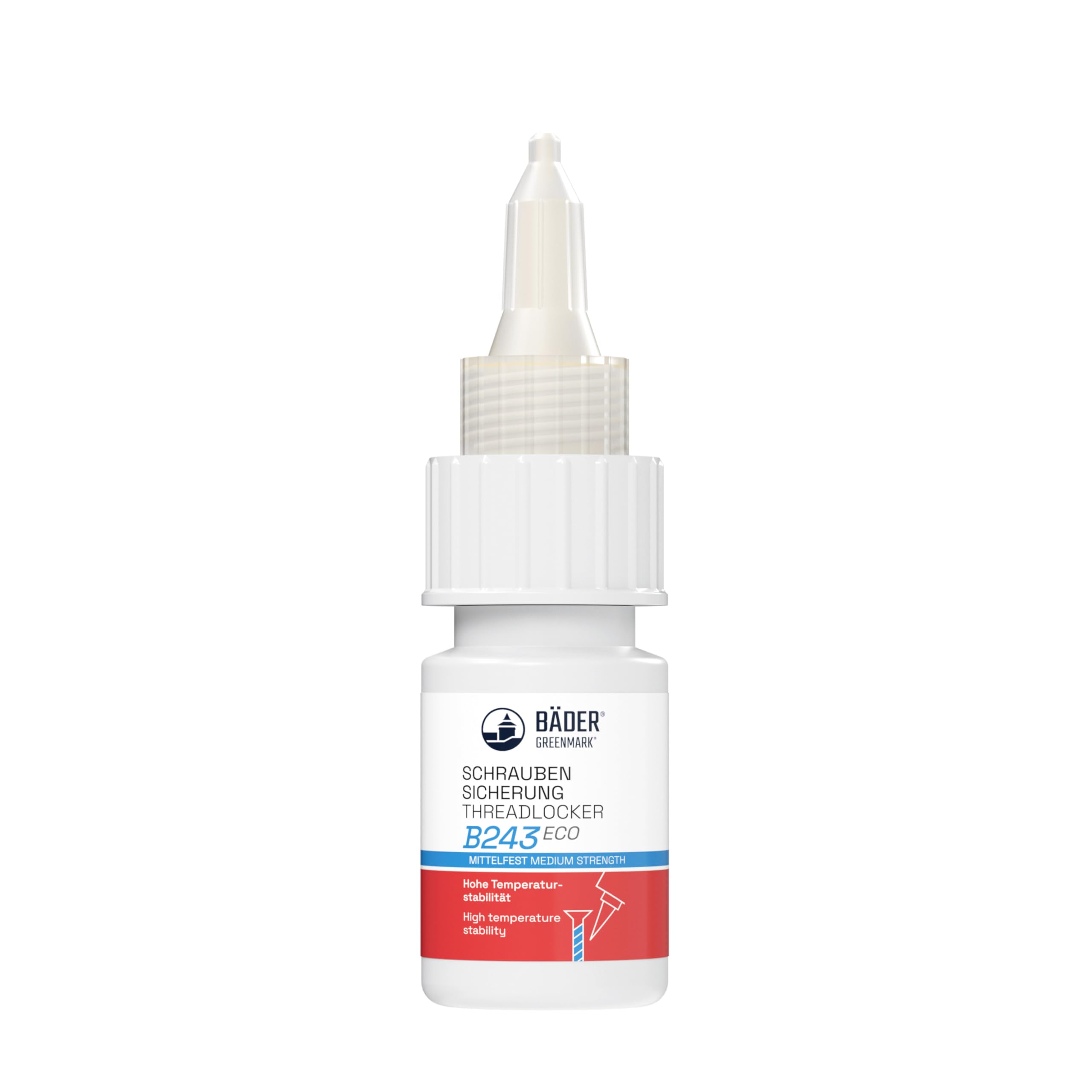 BÄDER threadlocker B243Eco Medium Strength Blue 10ml Bottle - high Temperature Resistant, Fluorescent - Works on All Metals and Threads, for Large Threads
