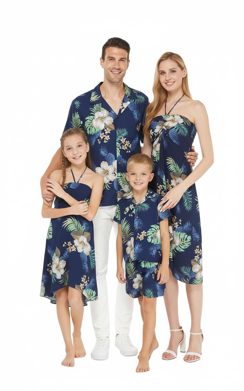 Matchable Family Hawaiian Luau Men Women Girl Boy Clothes in Pineapple Garden Navy