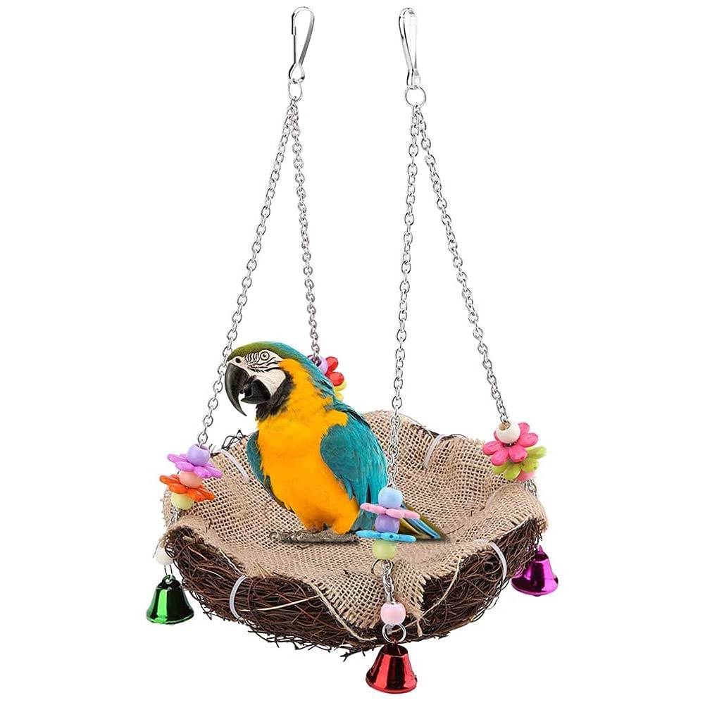 TERRIFI Bird Natural Rattan Nest Parrot Hanging Swing Toys with Bells Cage Hammock Stand For Cockatoo Macaw African House Bed Garden Budgie Parakeet Cockatiel Lovebird Finch (20cmx20cm)