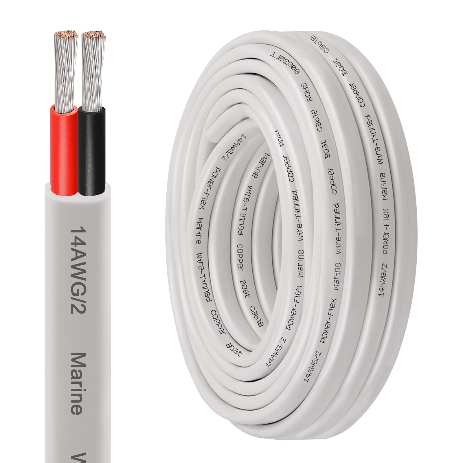 XRDS -RF 14 AWG Marine Wire 30FT, 2-Conductor (Red & Black) Duplex Marine Grade Boat Cable, High-Strand Tinned Copper Electrical Wire, Flexible PVC Jacket for Boats, RVs, Trailers & Solar