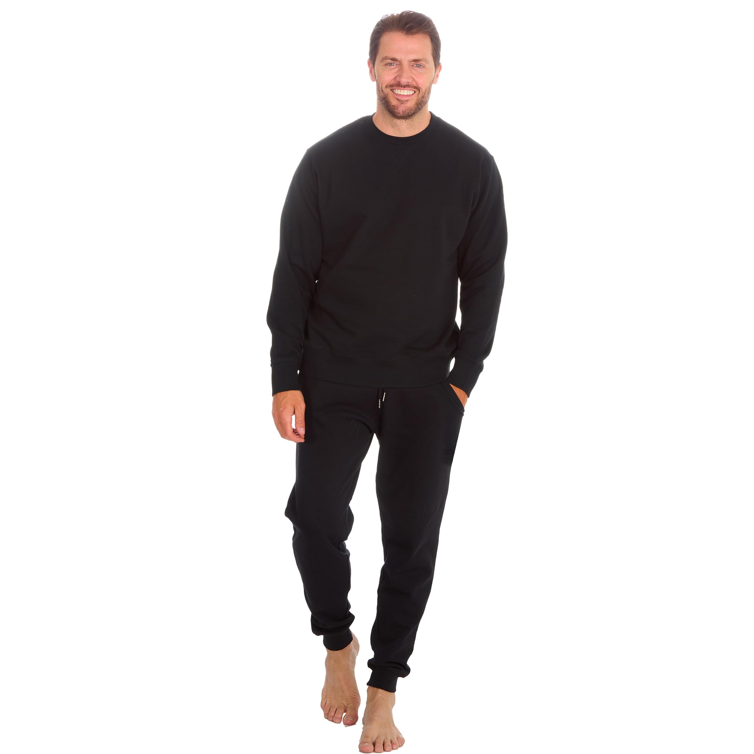 Metzuyan Mens Tracksuit Crew Neck Pullover Joggers Set Plain Track Overhead Top Bottoms Black XXL