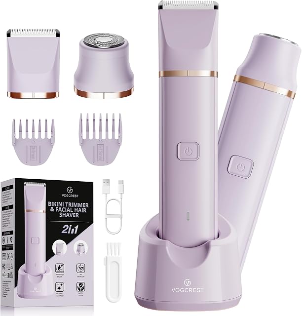 VG VOGCREST Bikini Trimmer pour les femmes : 2-in-1 Rasoir corporel sans douleur pour bras de jambes sous-arms - Portable Voyage Friendly Pubic Grooming Kit - Razor électrique rechargeable avec dock de recharge