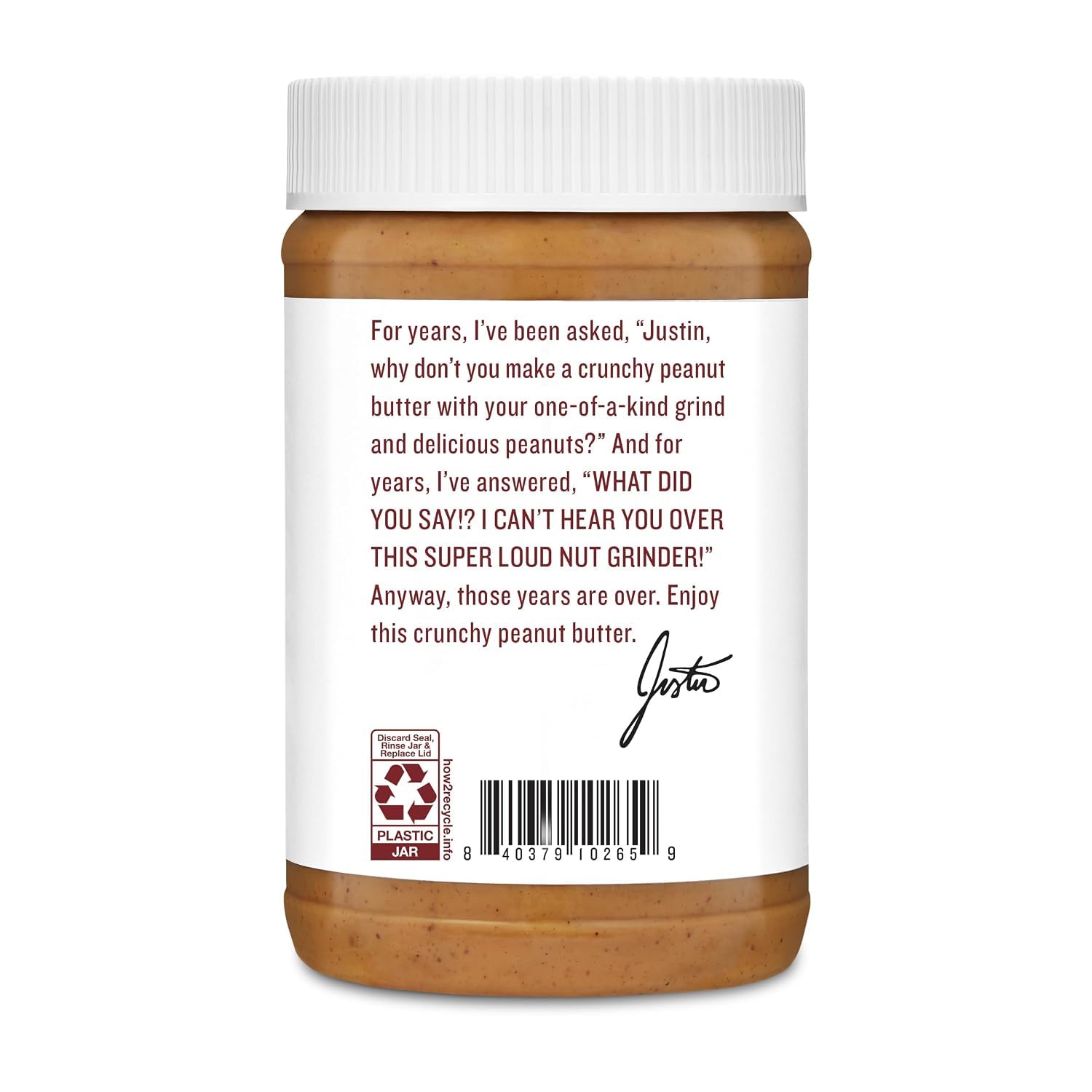 Justin's Crunchy Classic Peanut Butter 473 ml Glas, glutenfrei, gentechnikfrei, verantwortungsvoll angebaut